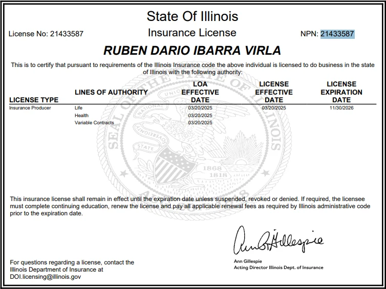 Licencia de seguros de Ruben Dario Ibarra Virla emitida por el Illinois Department of Insurance, License No. 21433587